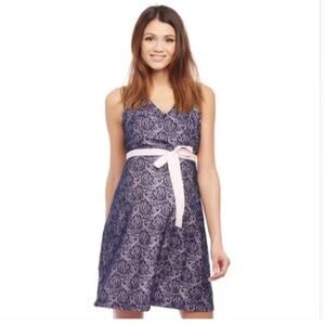 Motherhood Maternity Pink with Blue Lace Overlap Baby Shower Dress Size: Medium